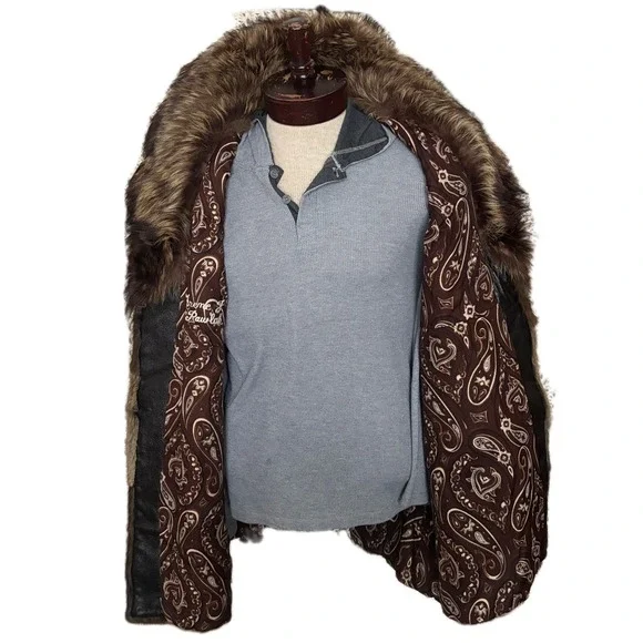 Vintage Mandel's Raccoon Fur Patchwork Leather Pea Coat Women's Size L- XL Brown - Picture 3 of 12